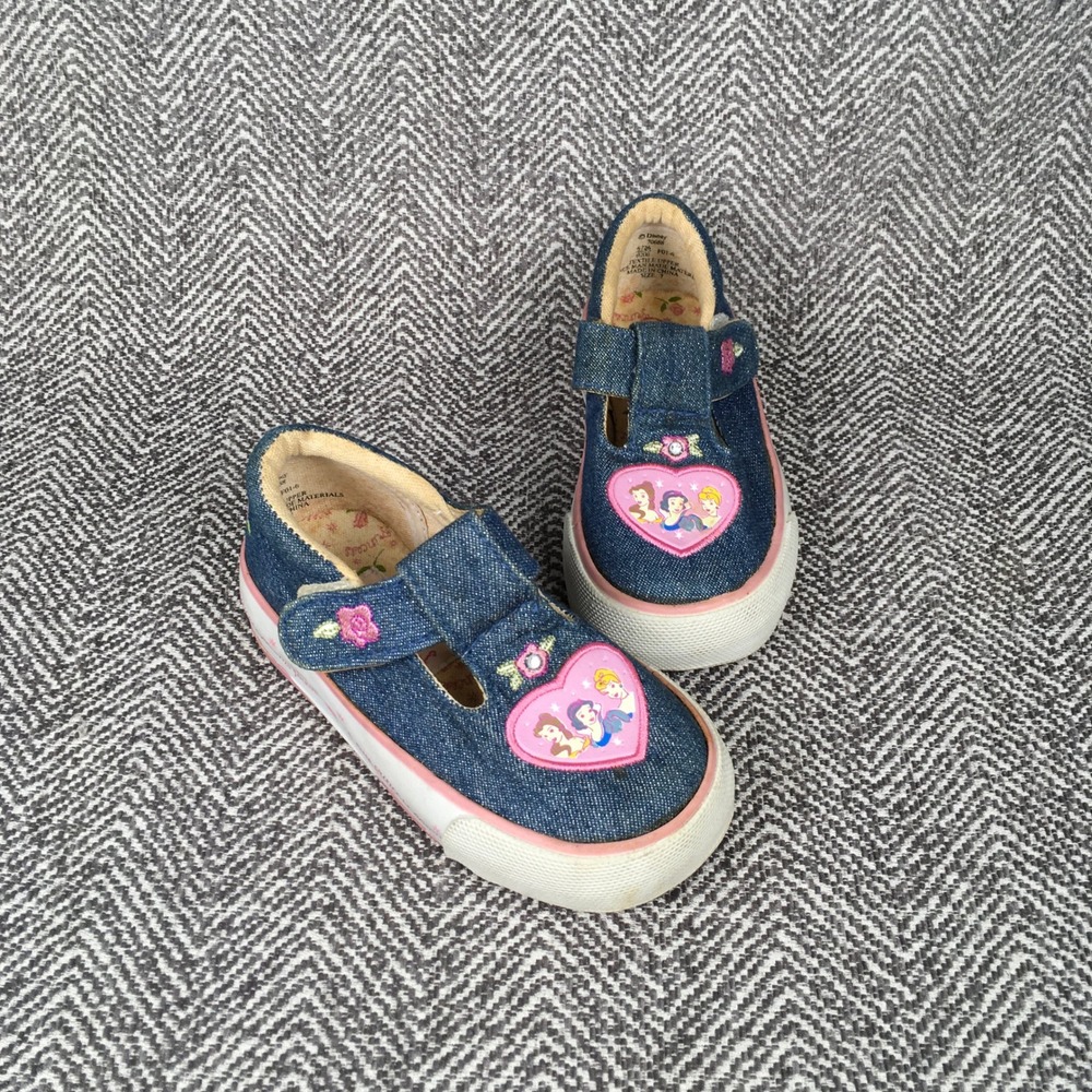 Disney Princess Denim Mary Jane Sneakers Blue Embroidered Floral Toddler Size 7